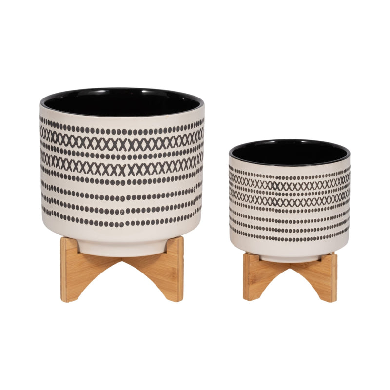 S/2 8/10" AZTEC PLANTER W/ WOOD STAND, GRAY - Al Rugaib Furniture