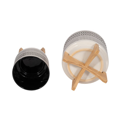 S/2 8/10" AZTEC PLANTER W/ WOOD STAND, GRAY - Al Rugaib Furniture