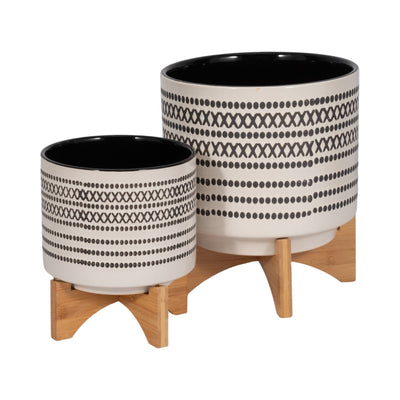 S/2 8/10" AZTEC PLANTER W/ WOOD STAND, GRAY - Al Rugaib Furniture