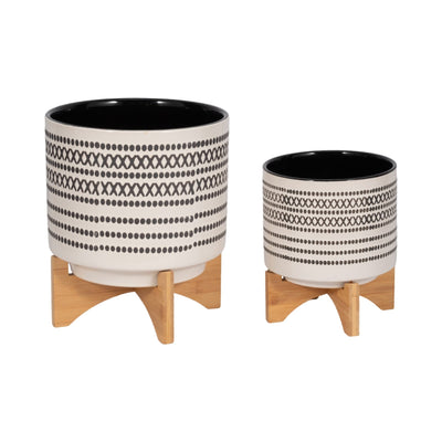 S/2 8/10" AZTEC PLANTER W/ WOOD STAND, GRAY - Al Rugaib Furniture