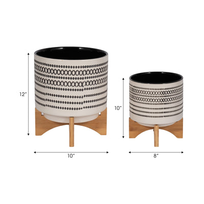 S/2 8/10" AZTEC PLANTER W/ WOOD STAND, GRAY - Al Rugaib Furniture