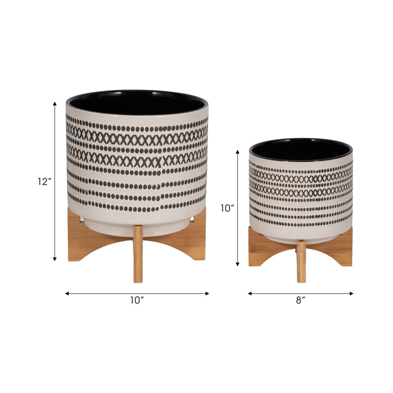 S/2 8/10" AZTEC PLANTER W/ WOOD STAND, GRAY - Al Rugaib Furniture