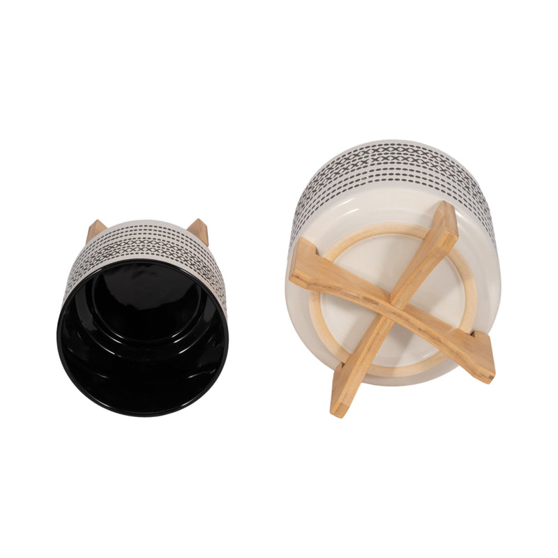 S/2 8/10" AZTEC PLANTER W/ WOOD STAND, GRAY - Al Rugaib Furniture