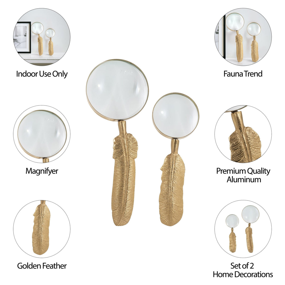 S/2 8/10" Buford Feather Magnifyers, Gold Table Decors| Sagebrook Home