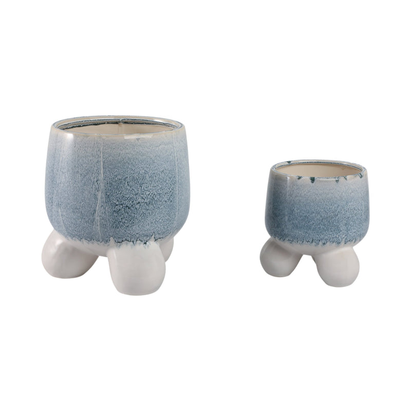 S/2 8/11" Knobby Footed Planters, Blue/white - Al Rugaib Furniture