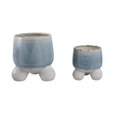 S/2 8/11" Knobby Footed Planters, Blue/white - Al Rugaib Furniture