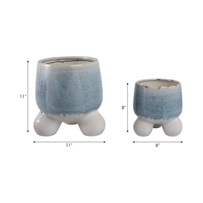 S/2 8/11" Knobby Footed Planters, Blue/white - Al Rugaib Furniture