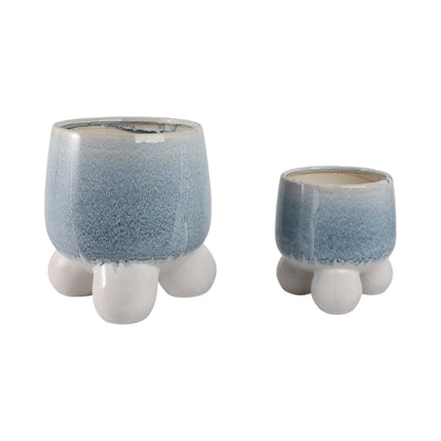S/2 8/11" Knobby Footed Planters, Blue/white - Al Rugaib Furniture