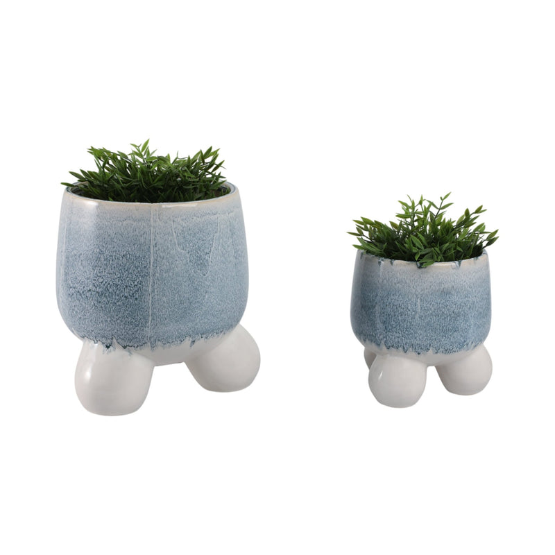 S/2 8/11" Knobby Footed Planters, Blue/white - Al Rugaib Furniture