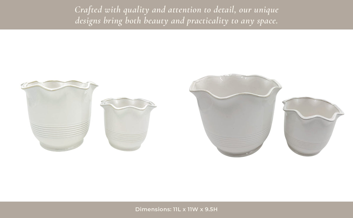 S/2 8/11" Ruffle Edge Planter, Ivory Planter| Sagebrook Home