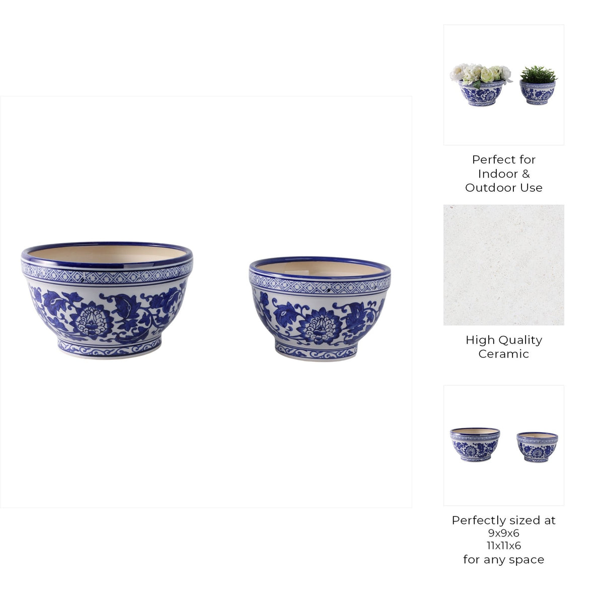 S/2 9/11" Bowl Chinoiserie Planters, Blue/wht Planter| Sagebrook Home
