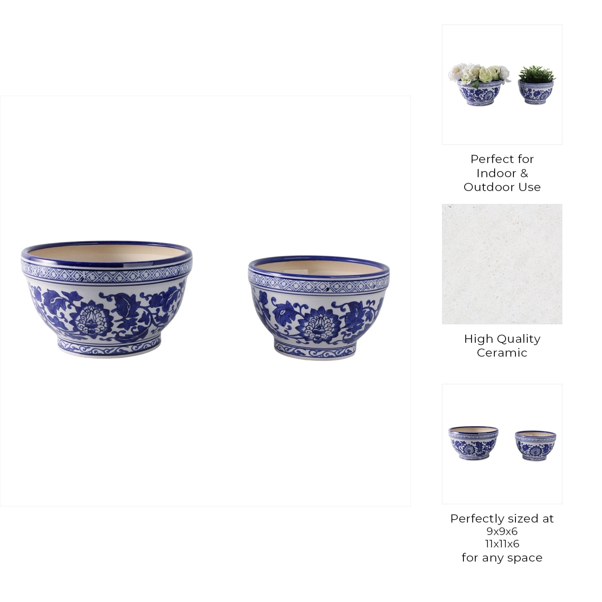 S/2 9/11" Bowl Chinoiserie Planters, Blue/wht Planter| Sagebrook Home