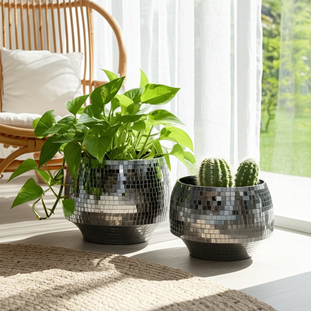 S/2 9/11" Curved Disco Mosaic Planter, Black Planter| Sagebrook Home