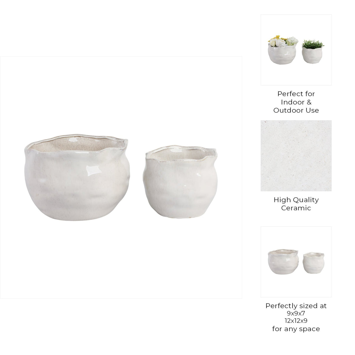 S/2 9/12" ROUND WAVY EDGE PLANTERS, WHITE Planter| Sagebrook Home
