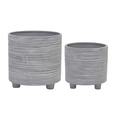 S/2 FOOTED PLANTER W/ LINES 6/8", GRAY - Al Rugaib Furniture