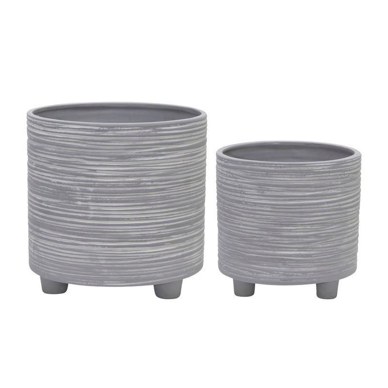 S/2 FOOTED PLANTER W/ LINES 6/8", GRAY - Al Rugaib Furniture