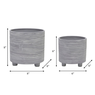 S/2 FOOTED PLANTER W/ LINES 6/8", GRAY - Al Rugaib Furniture