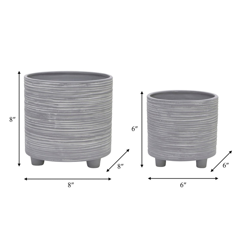 S/2 FOOTED PLANTER W/ LINES 6/8", GRAY - Al Rugaib Furniture