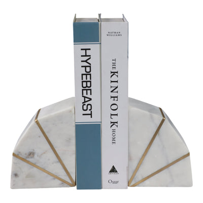 S/2 MARBLE 4"H ACCENT BOOKENDS W/GOLD INLAYS,WHT - Al Rugaib Furniture