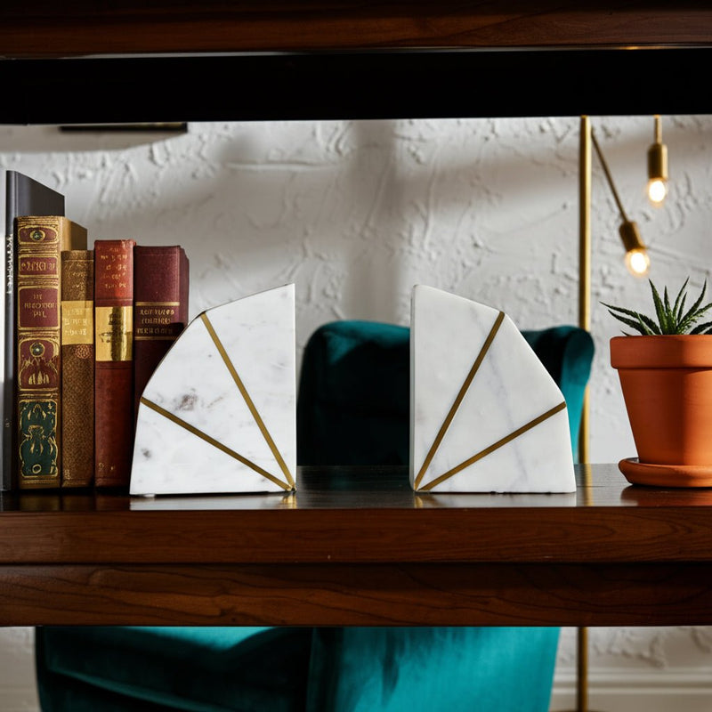 S/2 MARBLE 4"H ACCENT BOOKENDS W/GOLD INLAYS,WHT - Al Rugaib Furniture