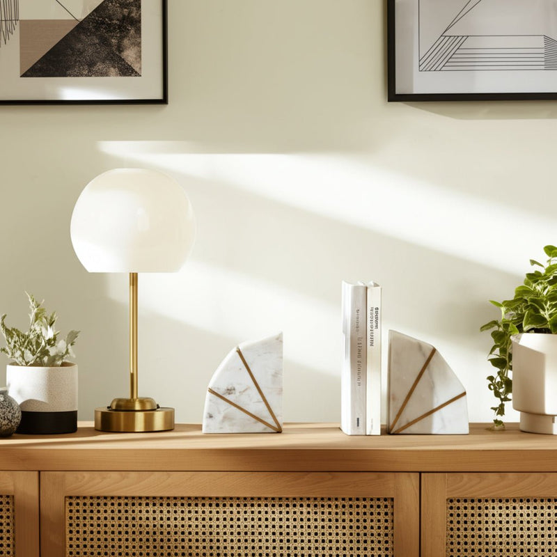 S/2 MARBLE 4"H ACCENT BOOKENDS W/GOLD INLAYS,WHT - Al Rugaib Furniture