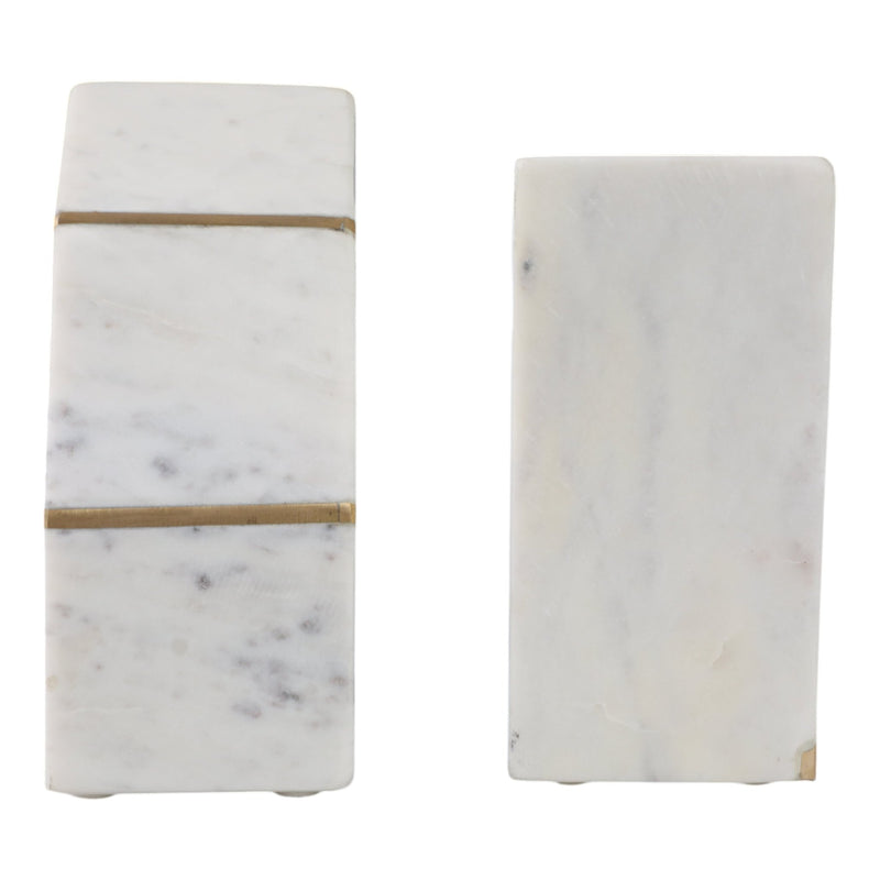 S/2 MARBLE 4"H ACCENT BOOKENDS W/GOLD INLAYS,WHT - Al Rugaib Furniture
