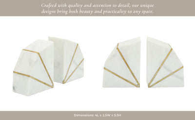 S/2 MARBLE 4"H ACCENT BOOKENDS W/GOLD INLAYS,WHT - Al Rugaib Furniture