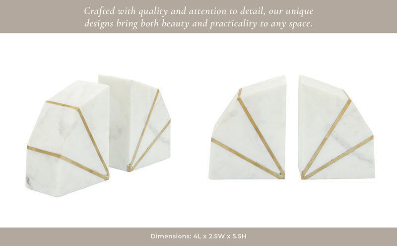 S/2 MARBLE 4"H ACCENT BOOKENDS W/GOLD INLAYS,WHT - Al Rugaib Furniture
