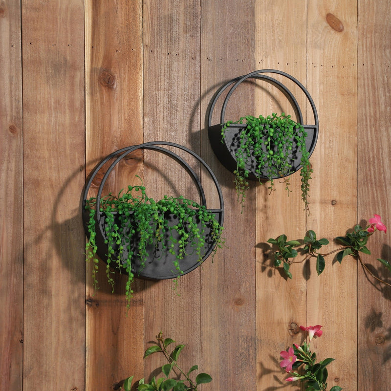 S/2 METAL 9/12" ROUND WALL PLANTERS, BLACK - Al Rugaib Furniture