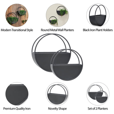 S/2 METAL 9/12" ROUND WALL PLANTERS, BLACK - Al Rugaib Furniture