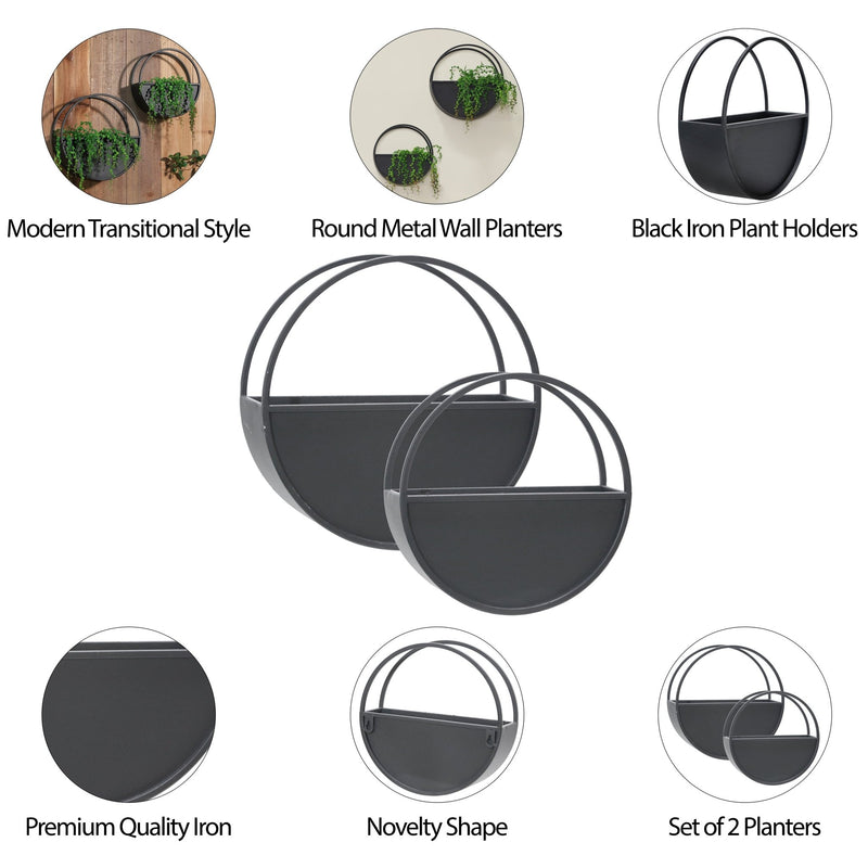 S/2 METAL 9/12" ROUND WALL PLANTERS, BLACK - Al Rugaib Furniture