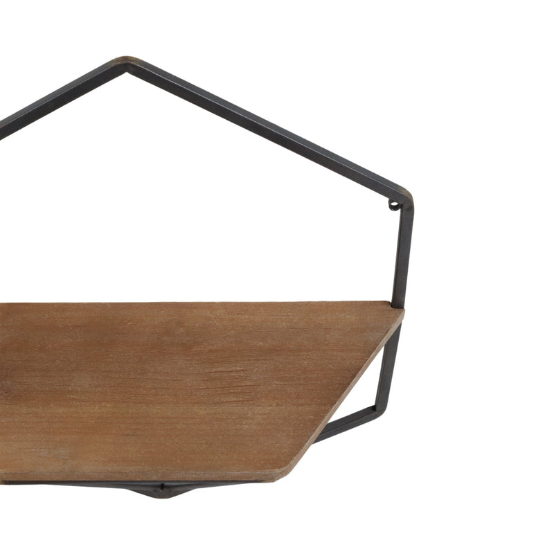 S/2 METAL / WOOD HEXAGON WALL SHELVES, BROWN - Al Rugaib Furniture