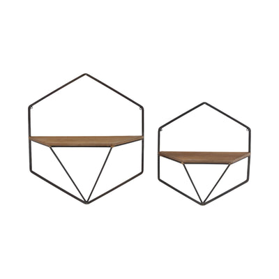 S/2 METAL / WOOD HEXAGON WALL SHELVES, BROWN - Al Rugaib Furniture
