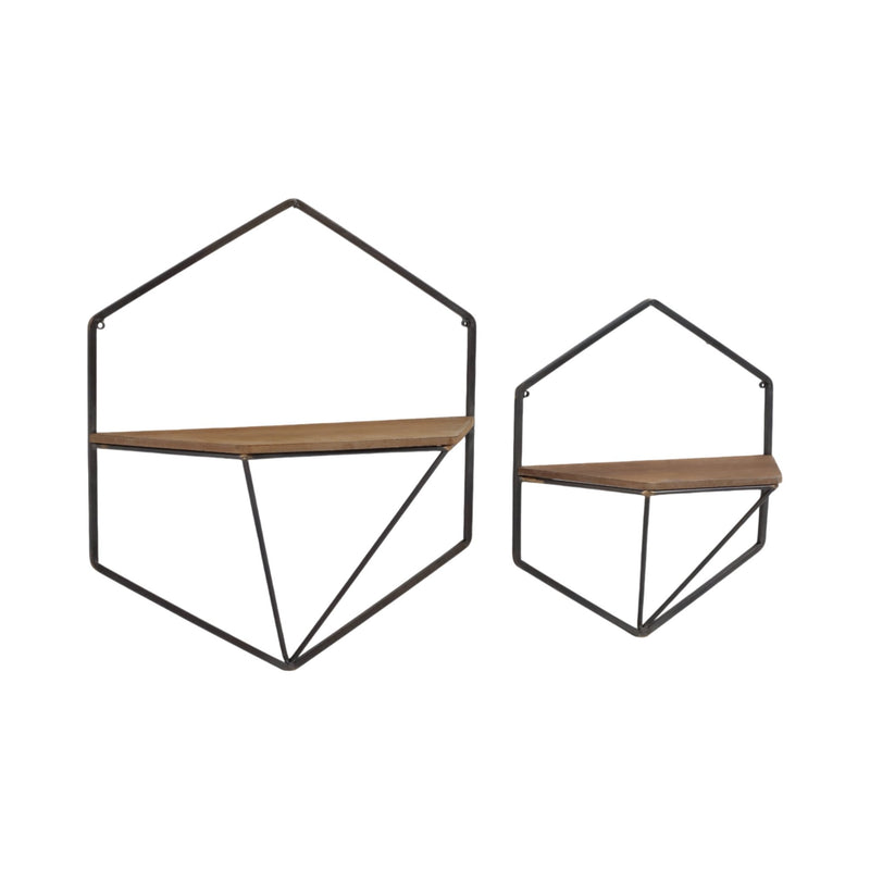 S/2 METAL / WOOD HEXAGON WALL SHELVES, BROWN - Al Rugaib Furniture