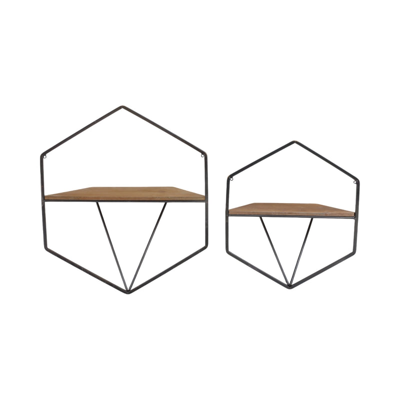 S/2 METAL / WOOD HEXAGON WALL SHELVES, BROWN - Al Rugaib Furniture