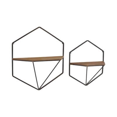 S/2 METAL / WOOD HEXAGON WALL SHELVES, BROWN - Al Rugaib Furniture