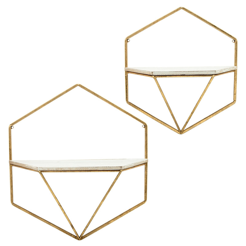 S/2 METAL / WOOD HEXAGON WALL SHELVES, GOLD/WHT - Al Rugaib Furniture