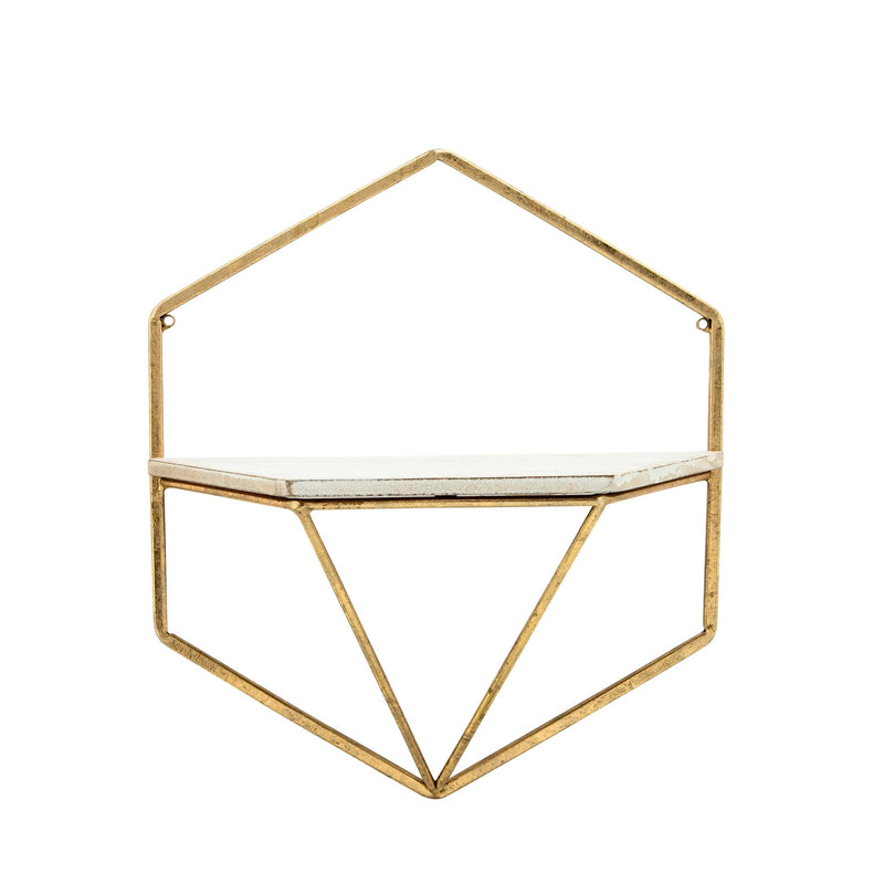 S/2 METAL / WOOD HEXAGON WALL SHELVES, GOLD/WHT - Al Rugaib Furniture