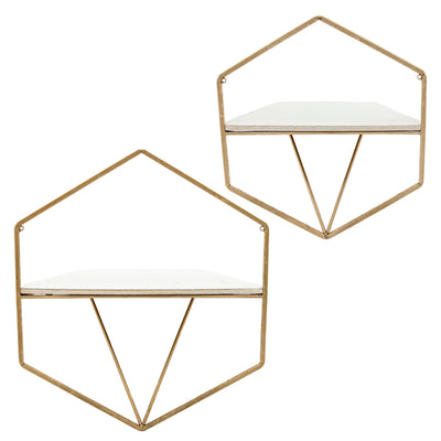 S/2 METAL / WOOD HEXAGON WALL SHELVES, GOLD/WHT - Al Rugaib Furniture