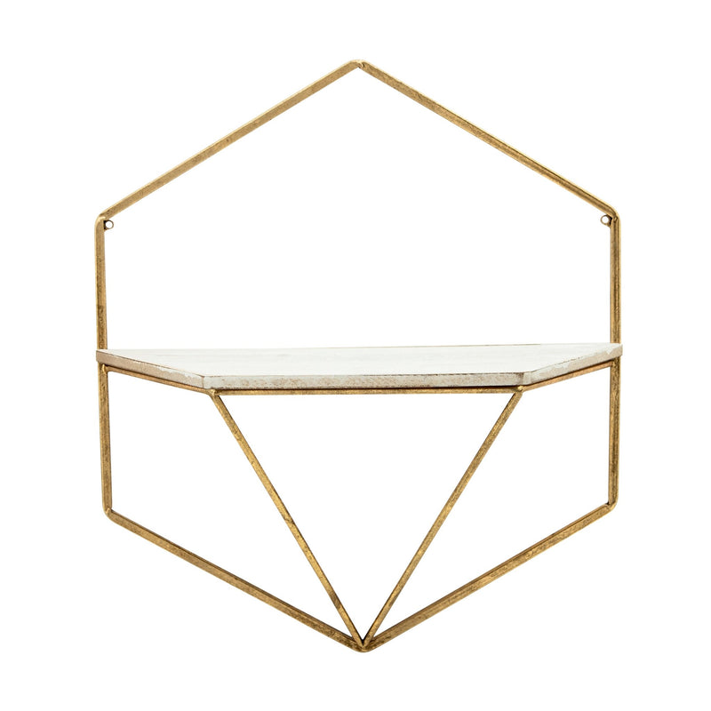 S/2 METAL / WOOD HEXAGON WALL SHELVES, GOLD/WHT - Al Rugaib Furniture