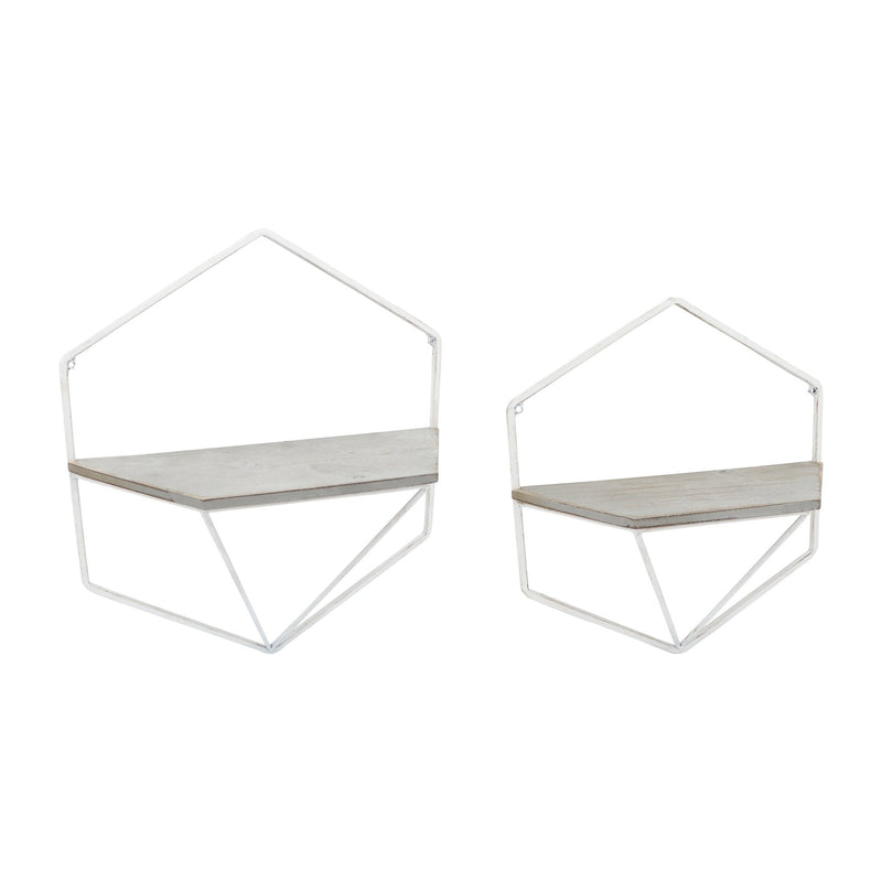 S/2 METAL / WOOD HEXAGON WALL SHELVES, WHT/GRAY - Al Rugaib Furniture