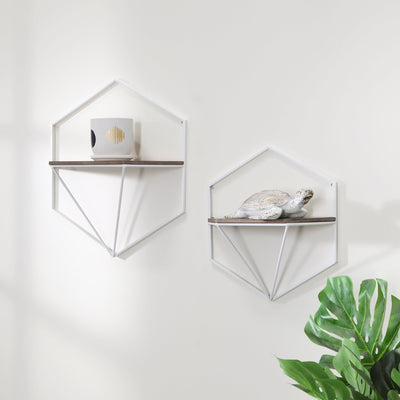 S/2 METAL / WOOD HEXAGON WALL SHELVES, WHT/GRAY - Al Rugaib Furniture