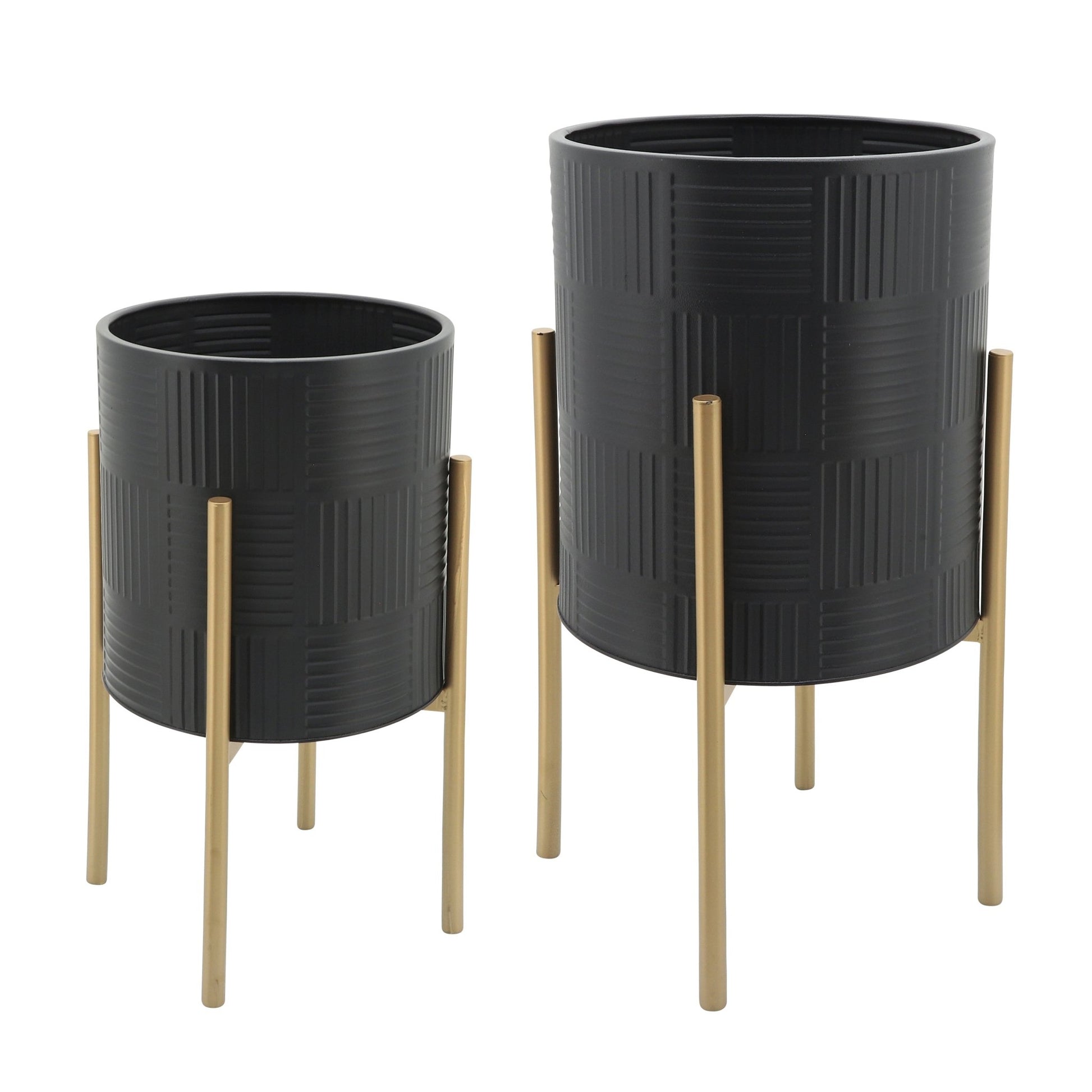 S/2 PLANTER W/ LINES ON METAL STAND, BLACK/GOLD Outdoor Planters| Sagebrook Home