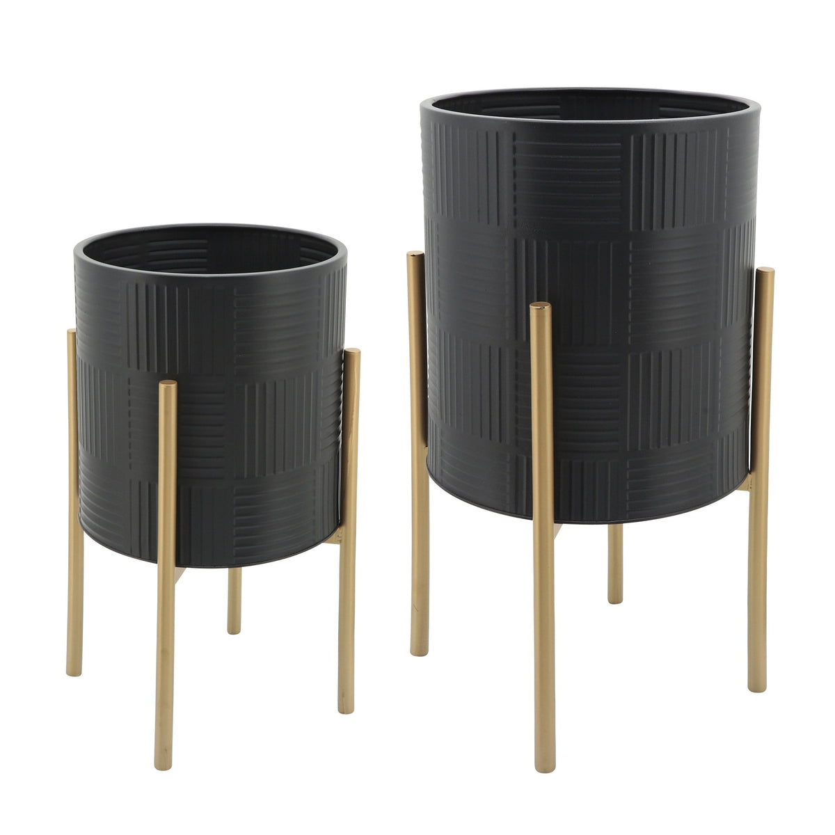 S/2 PLANTER W/ LINES ON METAL STAND, BLACK/GOLD Outdoor Planters| Sagebrook Home