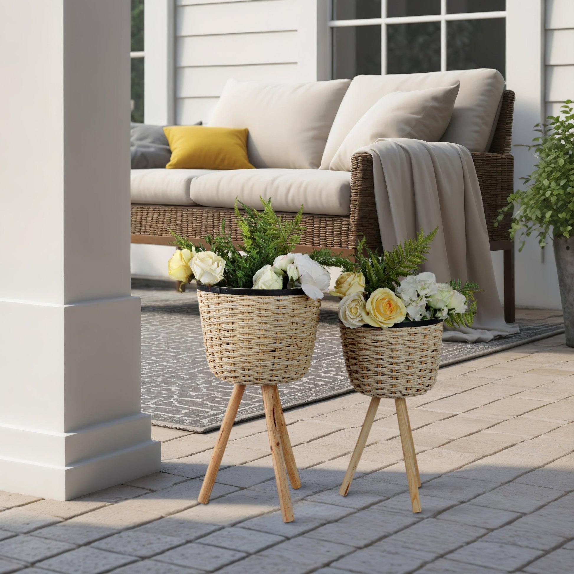 S/2 WICKER FOOTED PLANTERS, WHITE Outdoor Planters| Sagebrook Home