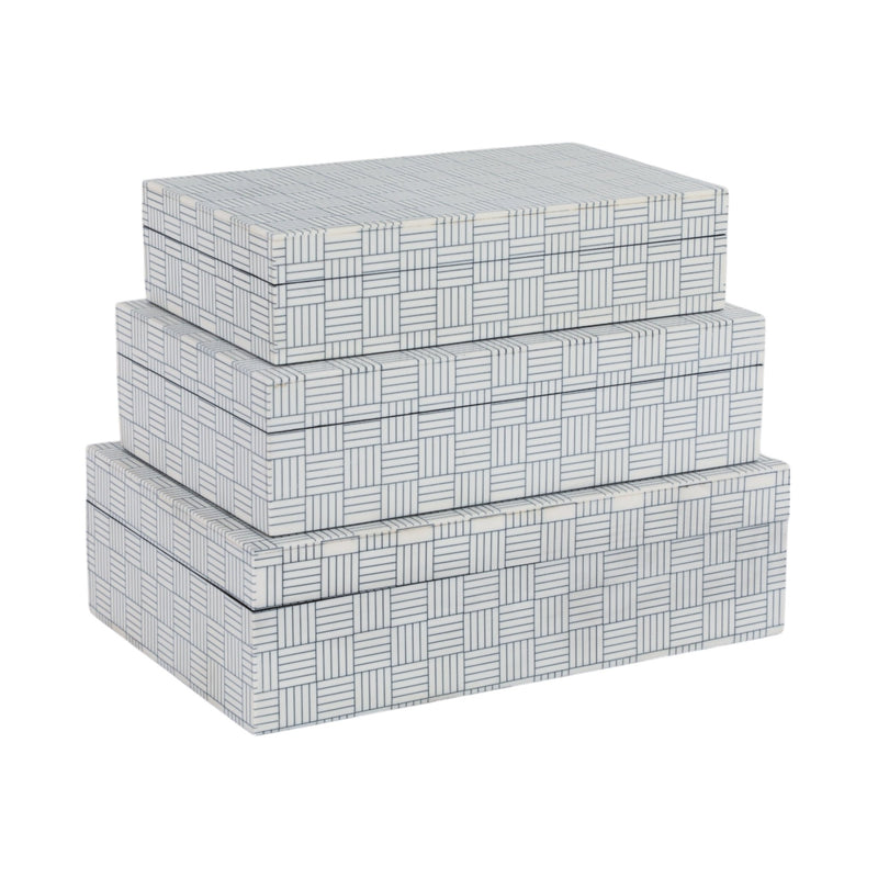 S/3 10/11/12" Checkerboard Etched Boxes, White/bla - Al Rugaib Furniture