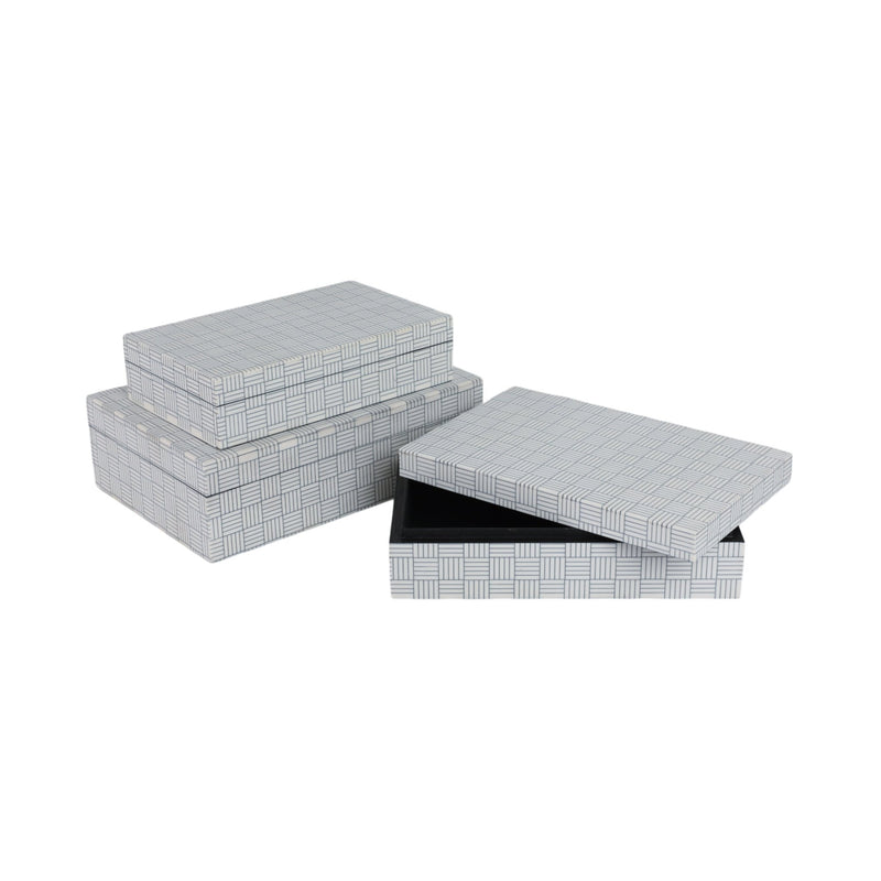 S/3 10/11/12" Checkerboard Etched Boxes, White/bla - Al Rugaib Furniture