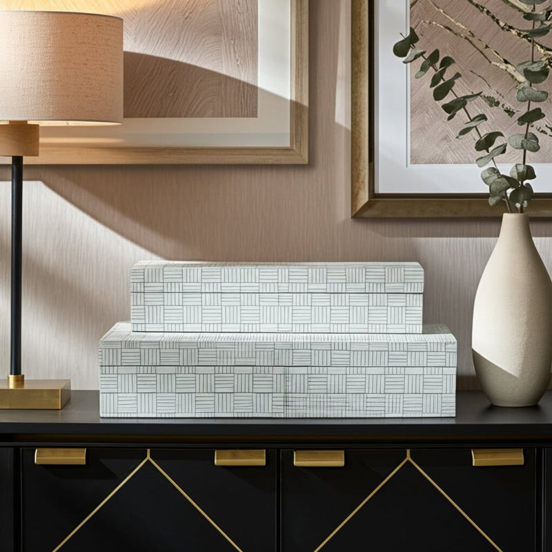 S/3 10/11/12" Checkerboard Etched Boxes, White/bla - Al Rugaib Furniture