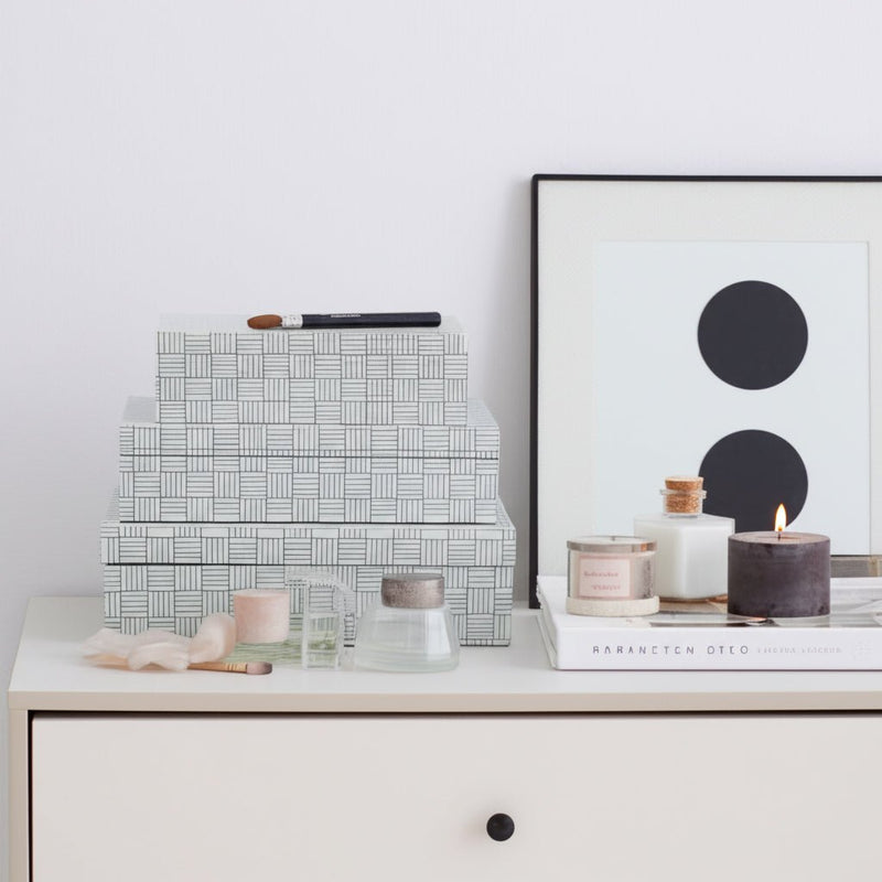 S/3 10/11/12" Checkerboard Etched Boxes, White/bla - Al Rugaib Furniture