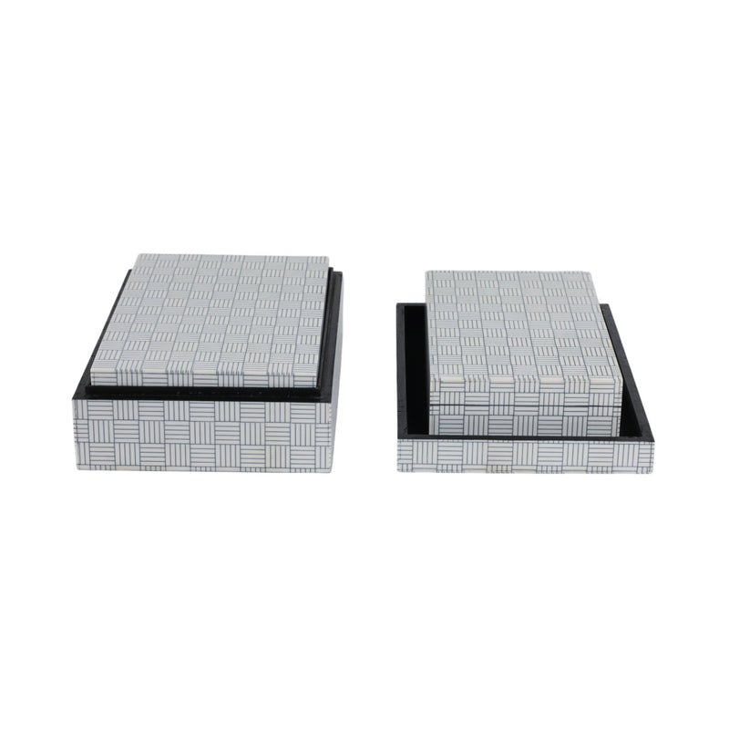 S/3 10/11/12" Checkerboard Etched Boxes, White/bla - Al Rugaib Furniture